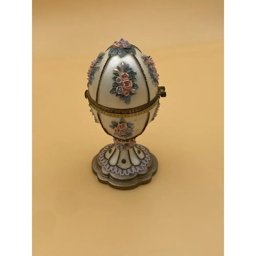 Vintage Egg Shaped Floral Metal Jewelry Box w/ Hinged Lid, Fabric Lined Interior